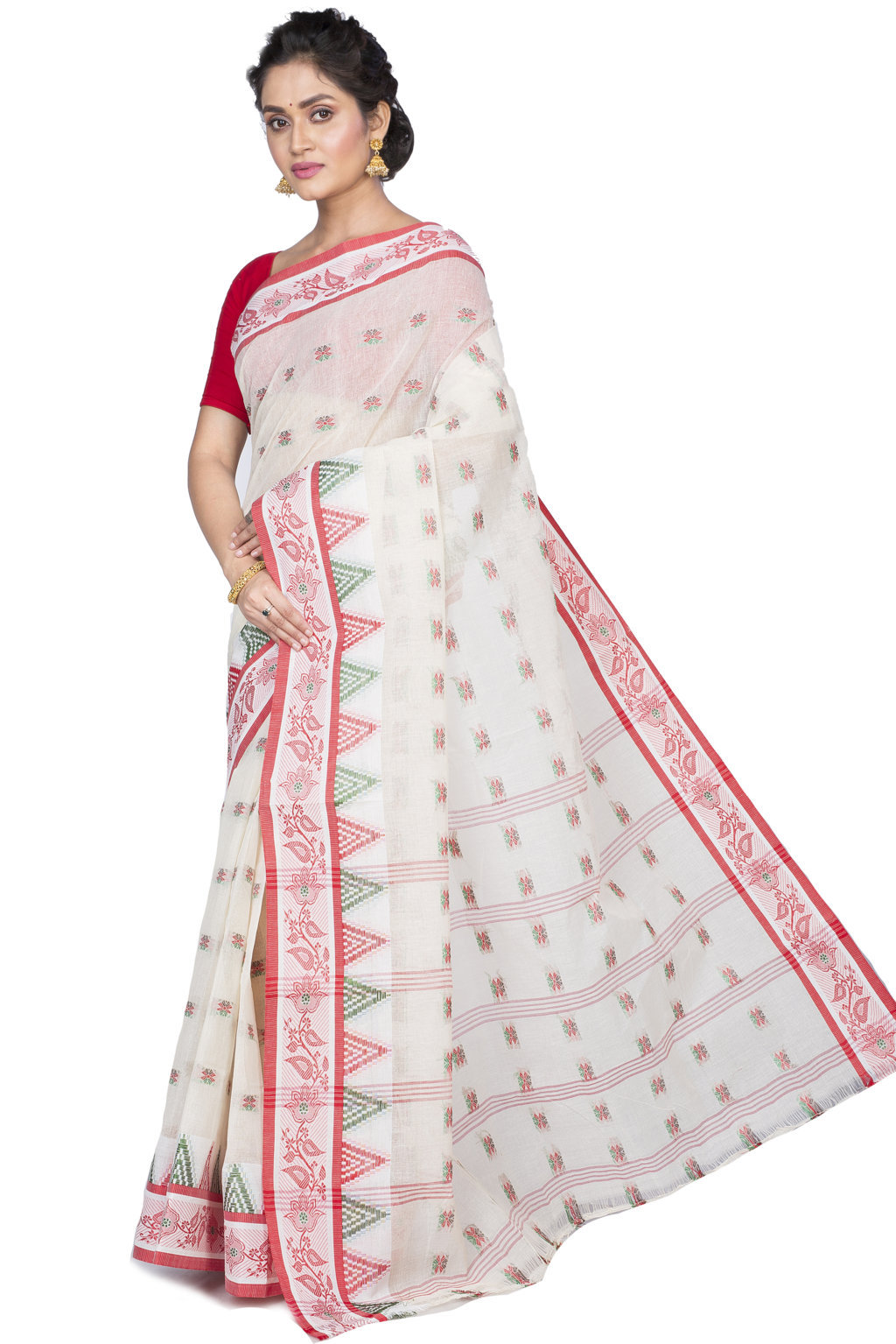 Red Pure Cotton Alkari Tant Saree (175)